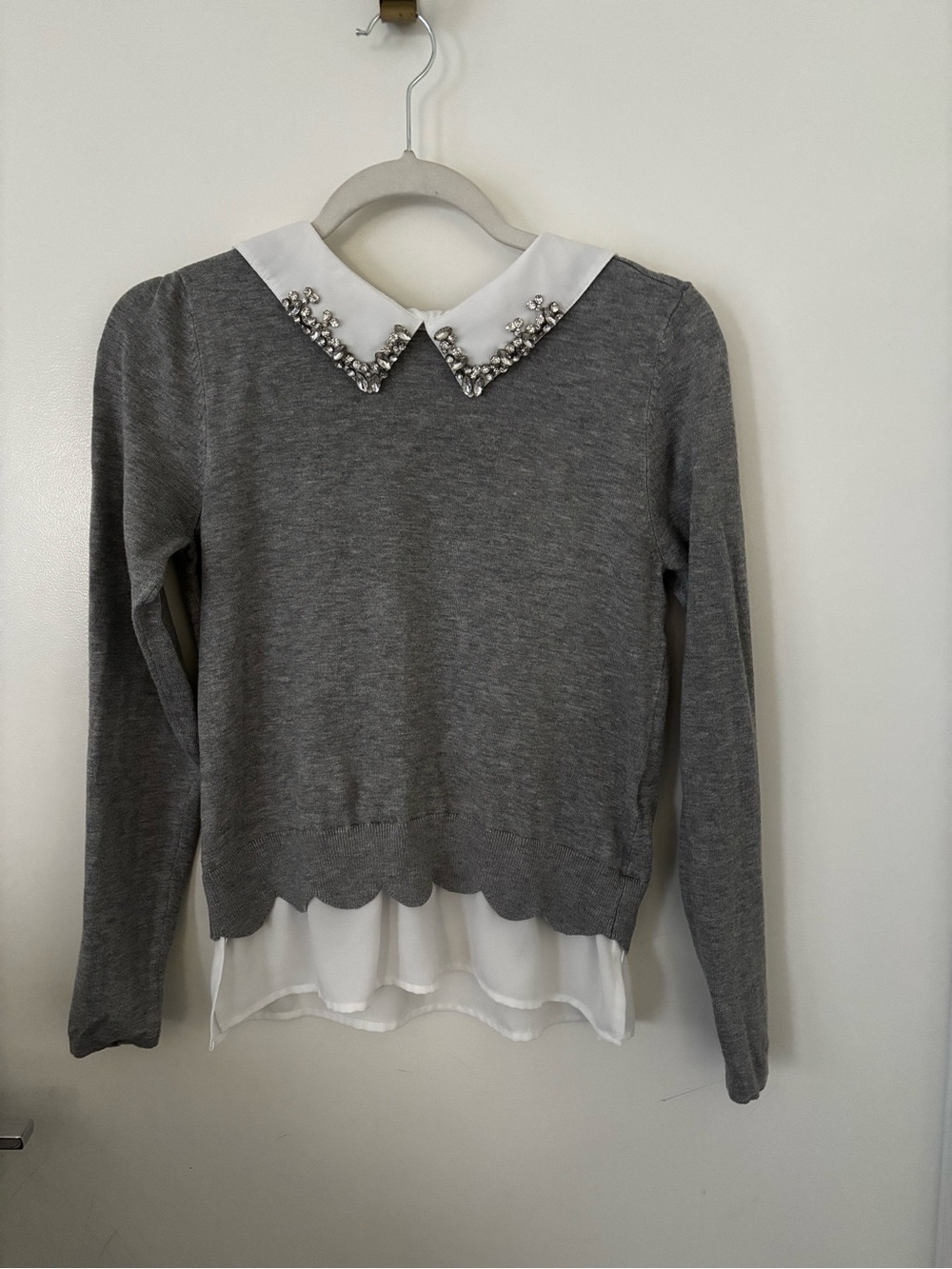 Belldini Gray Sweater with White Jeweled Peter Pan Collar